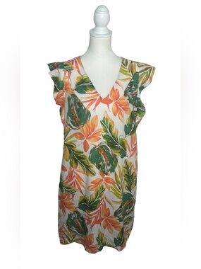 Nicole Miller EUC Tropical Floral Midi Dress Green Orange Sz L Resortwear Cruise